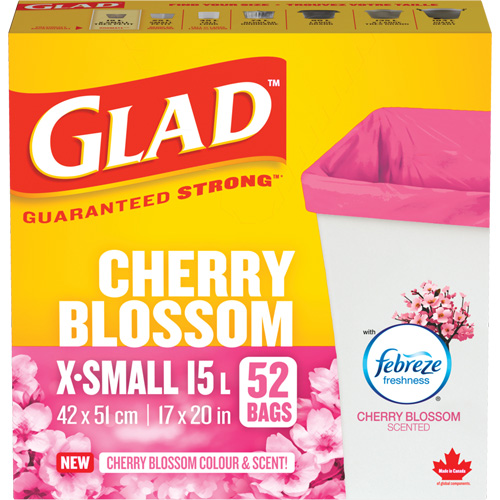 Sacs parfum&eacute;s et de couleur fleur de cerisier de Glad, Fort, 17" la x 20" lo, Rose, Capacit&eacute; 15 L (3,96 gal) CSL Industriel Inc.