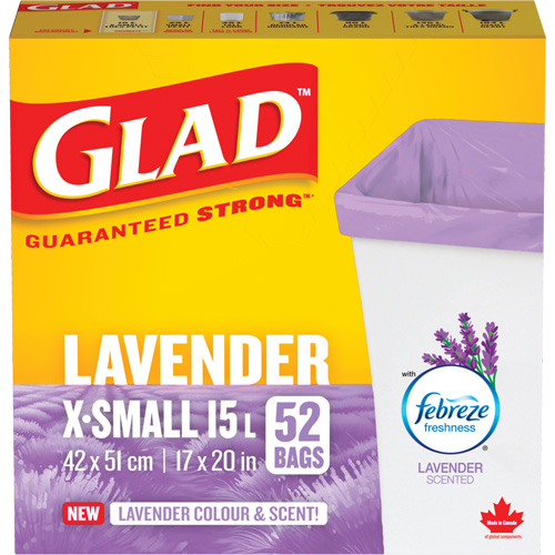 Sacs parfum&eacute;s et de couleur lavande de Glad, Fort, 17" la x 20" lo, Mauve, Capacit&eacute; 15 L (3,96 gal) CSL Industriel Inc.