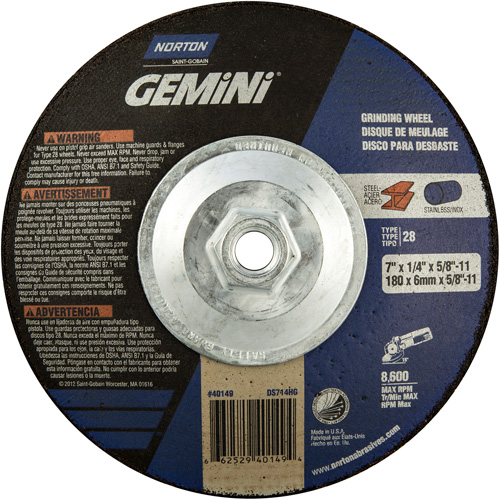 Meule soucoupes Gemini, 7" x 1/4", Arbre 5/8"-11, Oxyde d'aluminium, Type 28 CSL Industriel Inc.