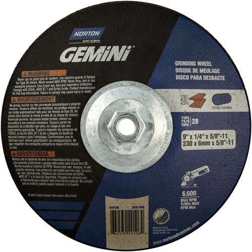Meule soucoupes Gemini, 9" x 1/4", Arbre 5/8"-11, Oxyde d'aluminium, Type 28 CSL Industriel Inc.