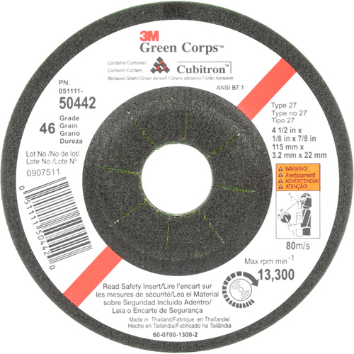 Green Corps Flexible Grinding Wheel, 4-1/2" x 1/8", 7/8" Arbor, Ceramic, Type 27 CSL Industriel Inc.