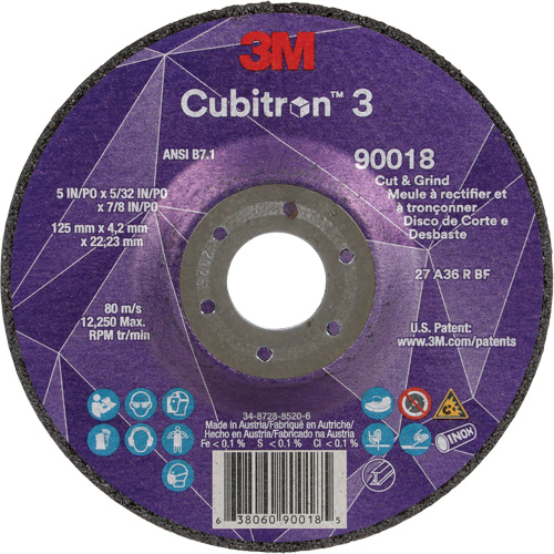 Cubitron 3 Cut & Grind Wheel, 5" x 5/32", 7/8" Arbor, Type T27, 36+ Grit, Ceramic CSL Industriel Inc.