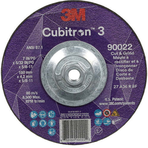 Meule &agrave; rectifier et &agrave; tronçonner Cubitron 3, 7" x 5/32", Arbre de 5/8"-11, Type 27, Grain de 36, C&eacute;ramique CSL Industriel Inc.