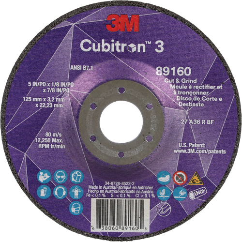 Meule &agrave; rectifier et &agrave; tronçonner Cubitron 3, 5" x 1/8", Arbre de 7/8", Type 27, Grain de 36, C&eacute;ramique CSL Industriel Inc.