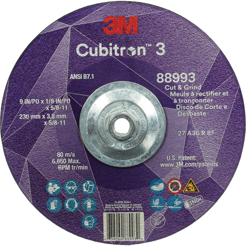 Cubitron 3 Cut and Grind Wheel, 9" x 1/8", 5/8"-11 Arbor, Type 27, 36 Grit, Ceramic CSL Industriel Inc.