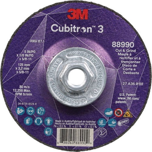 Cubitron 3 Cut and Grind Wheel, 5" x 1/8", 5/8"-11 Arbor, Type 27, 36 Grit, Ceramic CSL Industriel Inc.