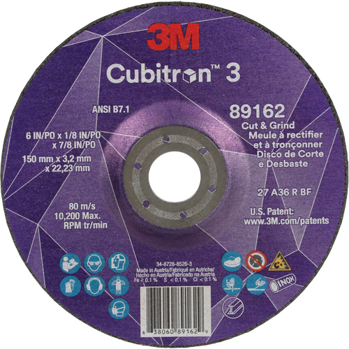 Meule &agrave; rectifier et &agrave; tronçonner Cubitron 3, 6" x 1/8", Arbre de 7/8", Type 27, Grain de 36, C&eacute;ramique CSL Industriel Inc.