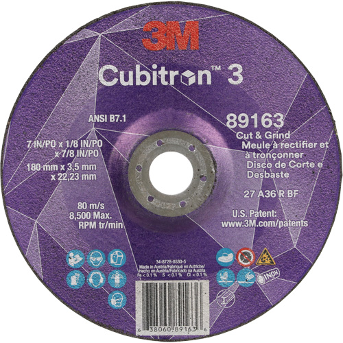 Meule &agrave; rectifier et &agrave; tronçonner Cubitron 3, 7" x 1/8", Arbre de 7/8", Type 27, Grain de 36, C&eacute;ramique CSL Industriel Inc.