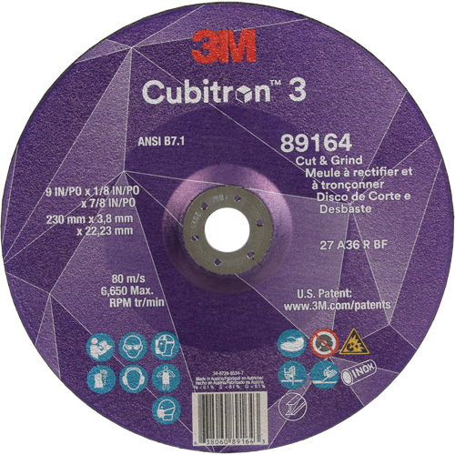 Cubitron 3 Cut and Grind Wheel, 9" x 1/8", 7/8" Arbor, Type 27, 36 Grit, Ceramic CSL Industriel Inc.