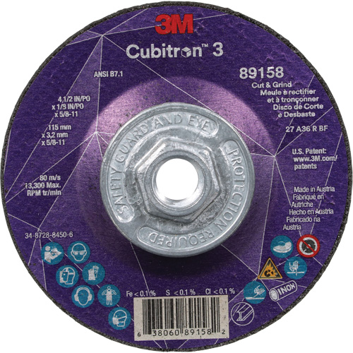 Cubitron 3 Cut and Grind Wheel, 4-1/2" x 1/8", 5/8"-11 Arbor, Type 27, 36 Grit, Ceramic CSL Industriel Inc.