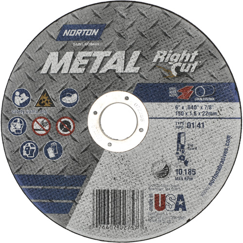 Meule &agrave; tronçonner m&eacute;tallique pour coupe &agrave; angle droit RightCut, 6" x 0,04", Arbre de 7/8", Type 01/41, Oxyde d'aluminium, 10185 Tr/min CSL Industriel Inc.