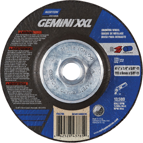 Meule XXL Gemini, 4-1/2" x 1/4", Arbre 5/8"-11, Oxyde d'aluminium, Type 27 CSL Industriel Inc.