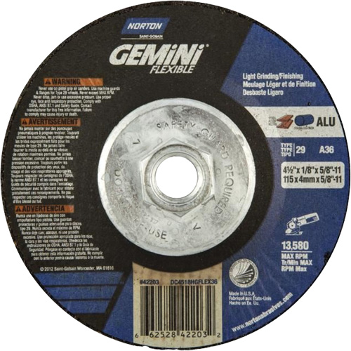 Meule et meule &agrave; tronçonner combin&eacute;e et flexible Gemini A AO, 4-1/2" x 1/8", Arbre de 5/8"-11, Type 29, Oxyde d'aluminium, 13580 Tr/min CSL Industriel Inc.