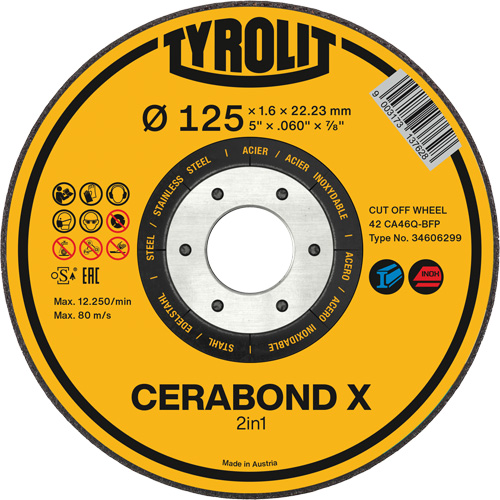 Meule &agrave; tronçonner pour acier et acier inoxydable CERABOND X, 5" x 0,45", Arbre de 7/8", Type 1, C&eacute;ramique, 12250 Tr/min CSL Industriel Inc.