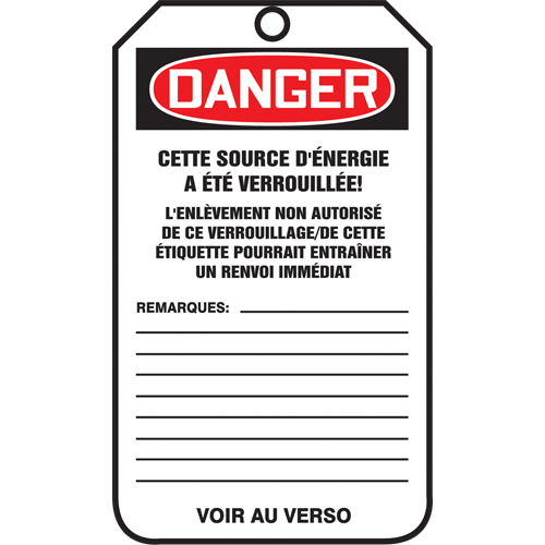 &eacute;tiquettes de verrouillage, Papier cartonn&eacute;, 3-1/8" la x 5-7/8" h, Français CSL Industriel Inc.