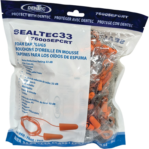 SEALTEC33 Orange Tapered PU Foam Disposable Earplugs, Bulk - Polybag, Corded CSL Industriel Inc.