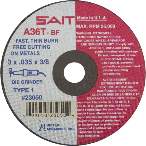 Cut-Off Wheel (A36T), 3" x 0.035", 3/8" Arbor, Type 27, Aluminum Oxide, 25000 RPM CSL Industriel Inc.