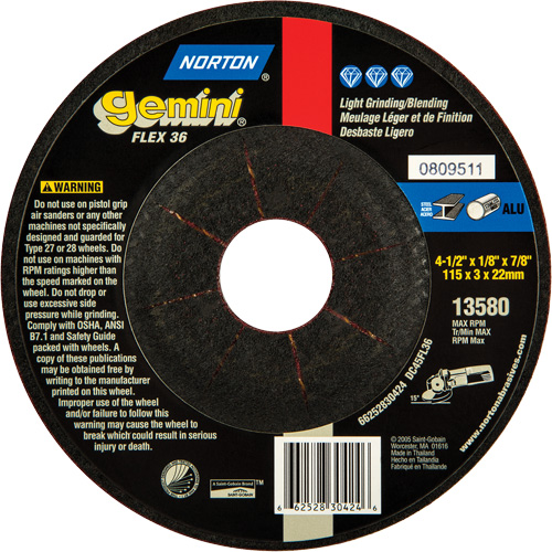 Gemini&reg; Flexible Mini Disc Depressed Centre Wheel, 4-1/2" x 1/8", 7/8" Arbor, Aluminum Oxide, Type 27 CSL Industriel Inc.