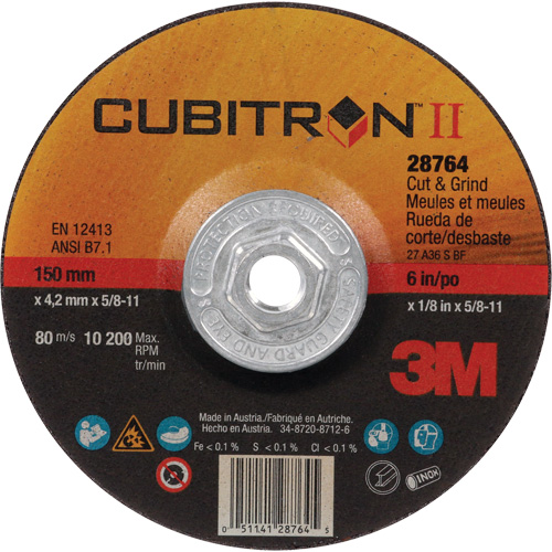 Disque de coupe et de meulage &agrave; changement rapide Cubitron II, 6" x 1/8", Arbre de 5/8"-11, Type 27, C&eacute;ramique CSL Industriel Inc.