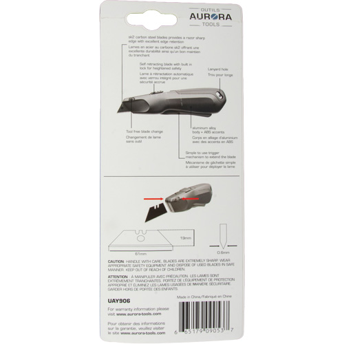Couteau de s&eacute;curit&eacute; r&eacute;tractable , Acier inoxydable, Robuste, Prise en Plastique/Aluminium CSL Industriel Inc.