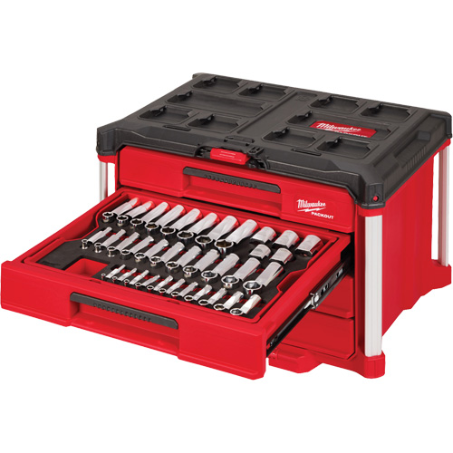 242-Piece 1/4”, 3/8” & 1/2” Drive Metric & SAE Ratchet & Socket Set with PACKOUT 4-Drawer Tool Box, 16-3/10" x 22-1/5" x 14-3/10", Black/Red CSL Industriel Inc.