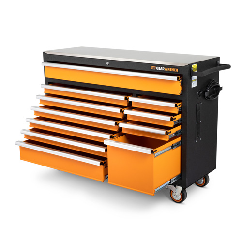 Rolling Tool Cabinet with Stainless Steel Worktop, 11 Drawers, 52" W x 18" D x 36" H, Black/Orange CSL Industriel Inc.