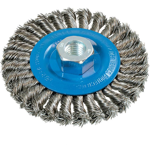 Wide Knotted Wire Wheel Brush, 4-1/2" Dia., 0.02" Fill, 5/8"-11 Arbor, Aluminum/Stainless Steel CSL Industriel Inc.