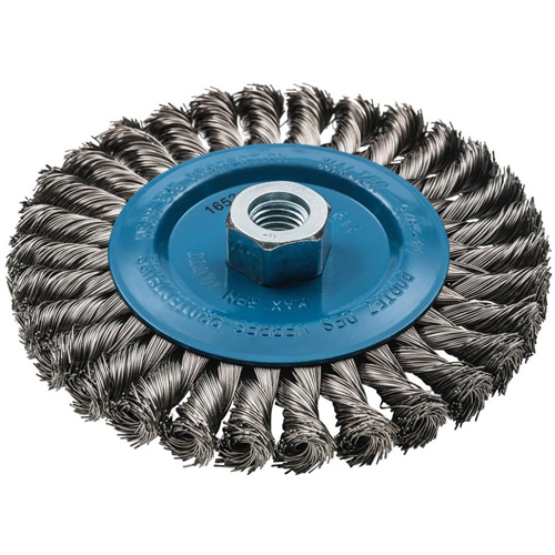 Wide Knotted Wire Wheel Brush, 6" Dia., 0.02" Fill, 5/8"-11 Arbor, Aluminum/Stainless Steel CSL Industriel Inc.
