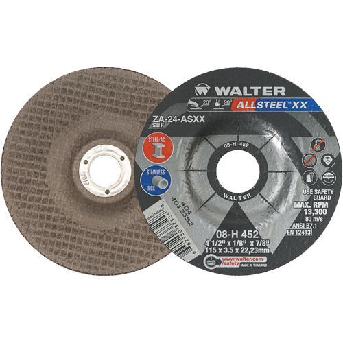 Meules &agrave; moyeu d&eacute;port&eacute; ALLSTEEL XX, 4-1/2" x 1/8", Arbre de 7/8", Type 27, Alumine de zirconium, 13 300 Tr/min CSL Industriel Inc.