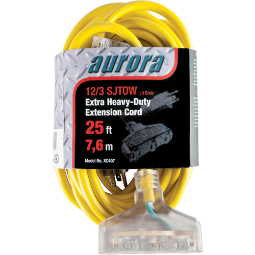 Vinyl Extension Cord with Light Indicator, Outdoor, SJTOW, 12/3 AWG, 15 A, 3 Outlet(s), 25' CSL Industriel Inc.